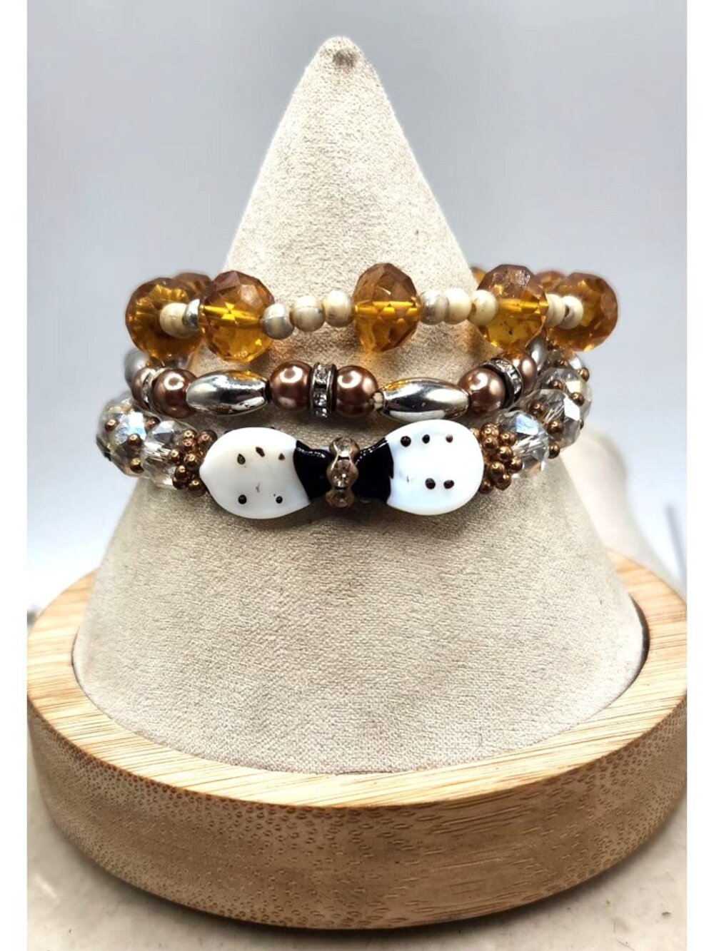 Beaded Bracelet Set With Amber Pearl & Dalmatian Accents Elastic Stretch